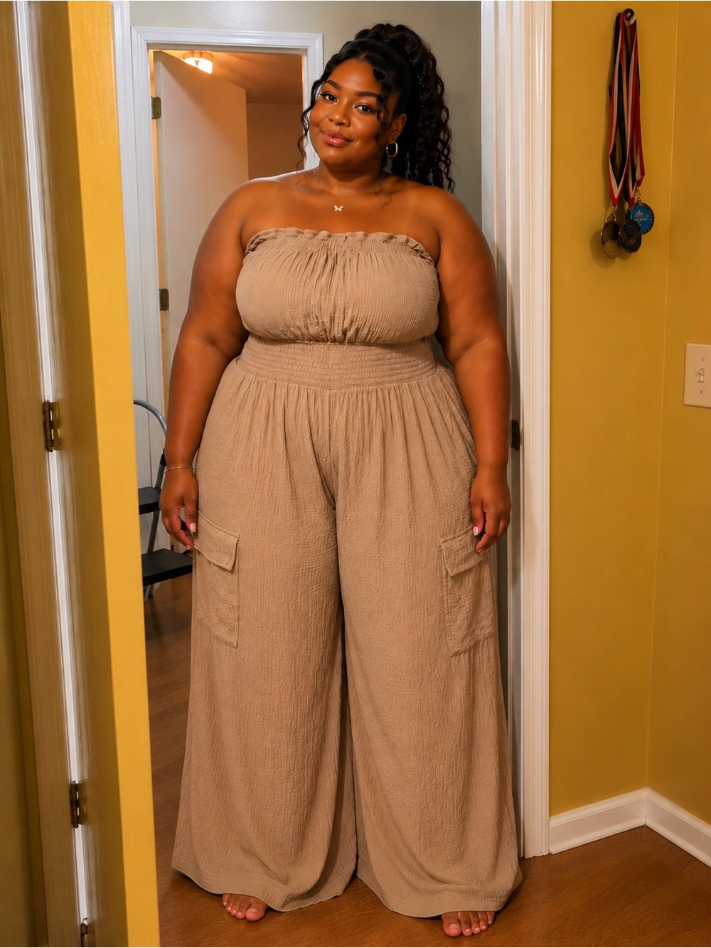 T.J.Maxx Taupe Cargo Wide-Leg Jumpsuit